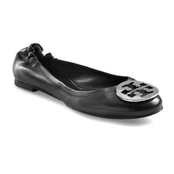 Tory Burch Reva Ballerina Flats - 11 - Silver Logo Solid Black - Picture 1 of 6